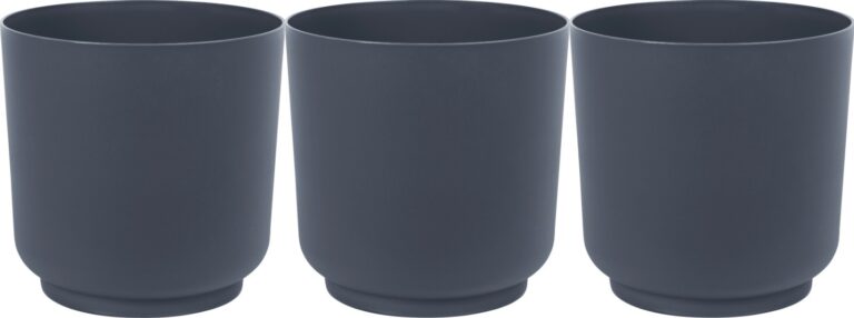 Three empty anthracite round plant pots arranged side by side