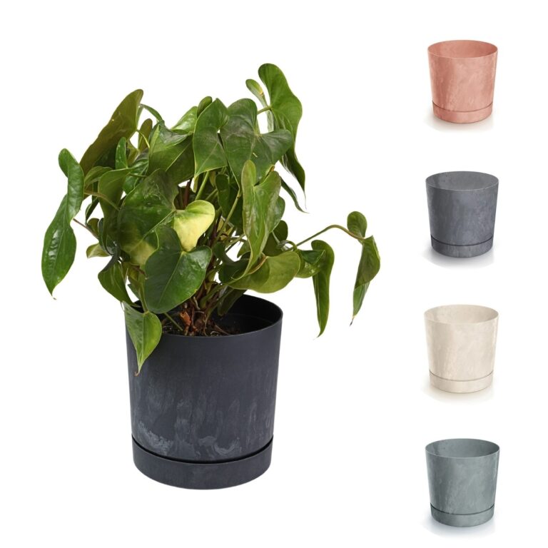 Round Planter with Stand and Saucer Concrete-Effect