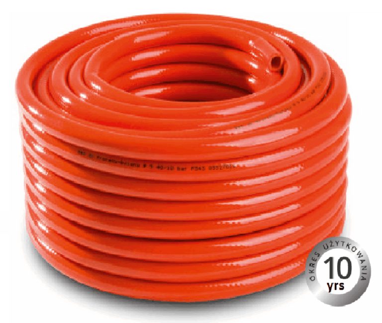 Coiled orange reinforced LPG hose with an open cut end