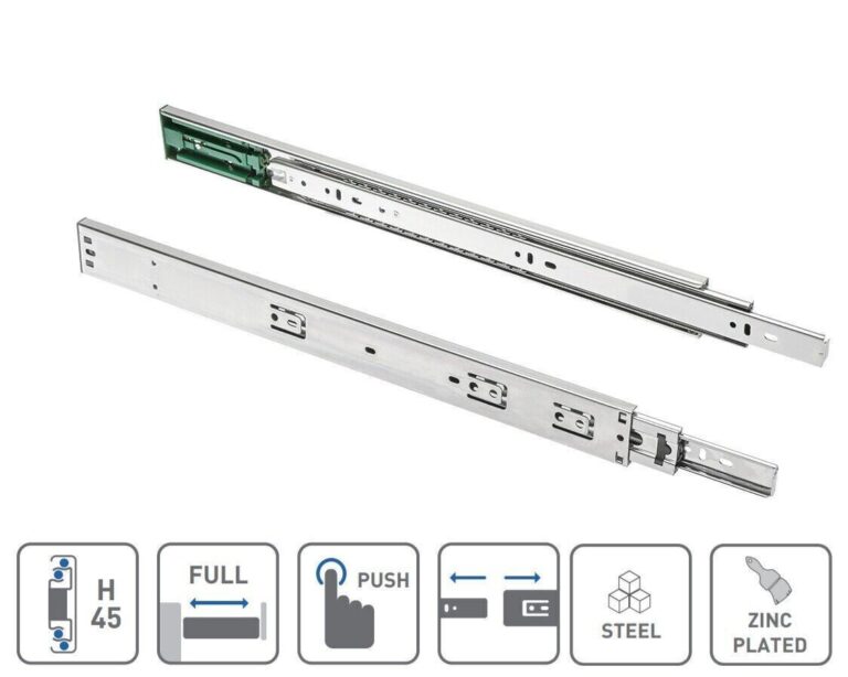 Pair of steel ball-bearing drawer runners with one runner extended and the opening mechanism visible