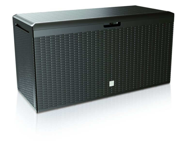 Rattan-effect plastic garden storage box with a closed lid and recessed side handhold