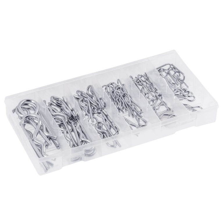 Silver-coloured R-clips grouped by size in a clear compartment storage box