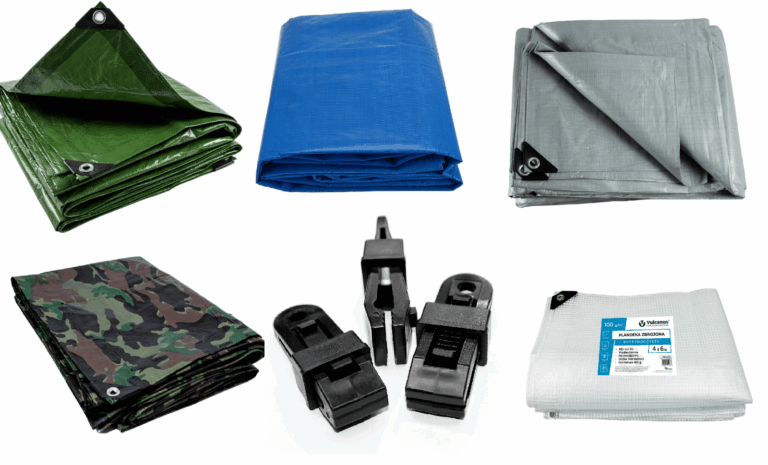 Folded tarpaulins in several colours with black slide clips shown as options