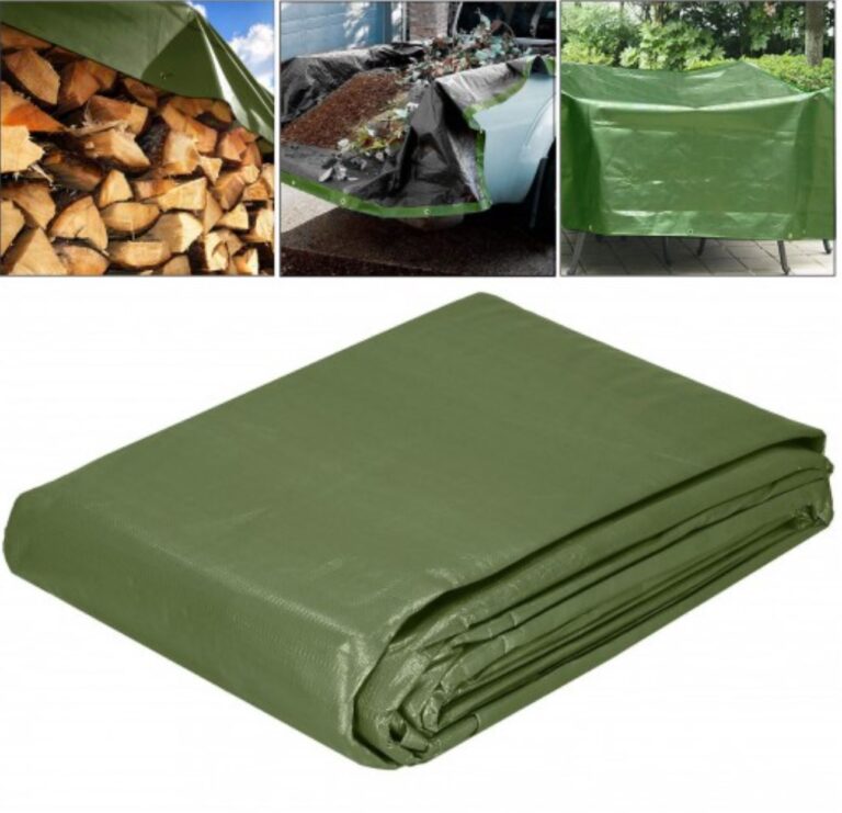 Folded green tarpaulin with inset photographs of outdoor covering uses