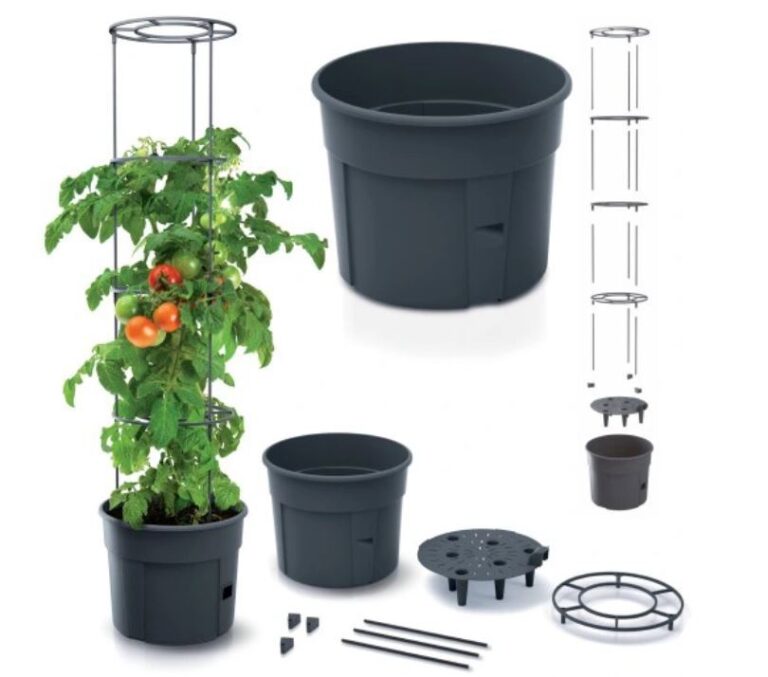 Anthracite tomato growing pot shown with a tomato plant and the separate sections of its support frame