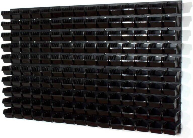 Wide black wall pegboard covered with rows of small black storage bins