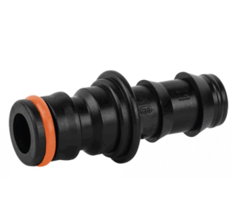 Black 13mm hose connector with a barbed tail, click-lock end and orange sealing ring