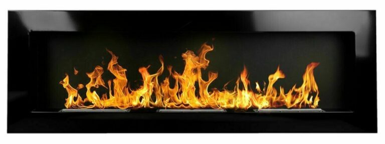 High gloss black rectangular bioethanol fireplace shown from the front with flames