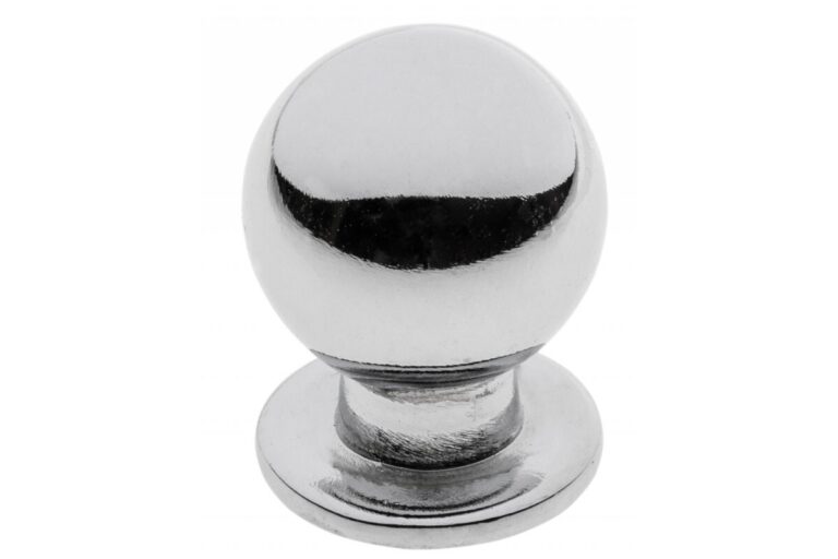 Small round polished chrome cabinet knob with a domed top and circular base
