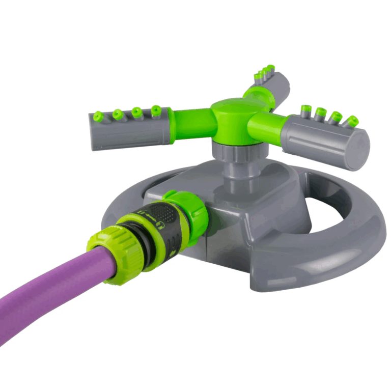 Grey and green three-arm rotating sprinkler shown connected to a purple garden hose