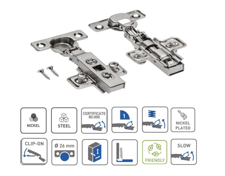 Two views of a nickel-finish 26mm full-overlay cabinet hinge with mounting plate and screws