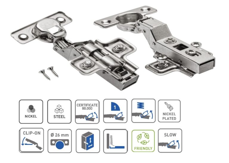 Two views of a nickel-finish 26mm inset soft-close cabinet hinge with mounting plate and screws