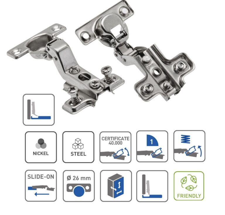 Two views of a nickel-finish 26mm inset cabinet hinge with its mounting plate