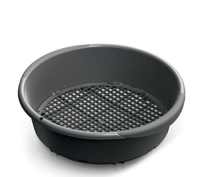 Grey round plastic garden sieve with a fixed square grid base