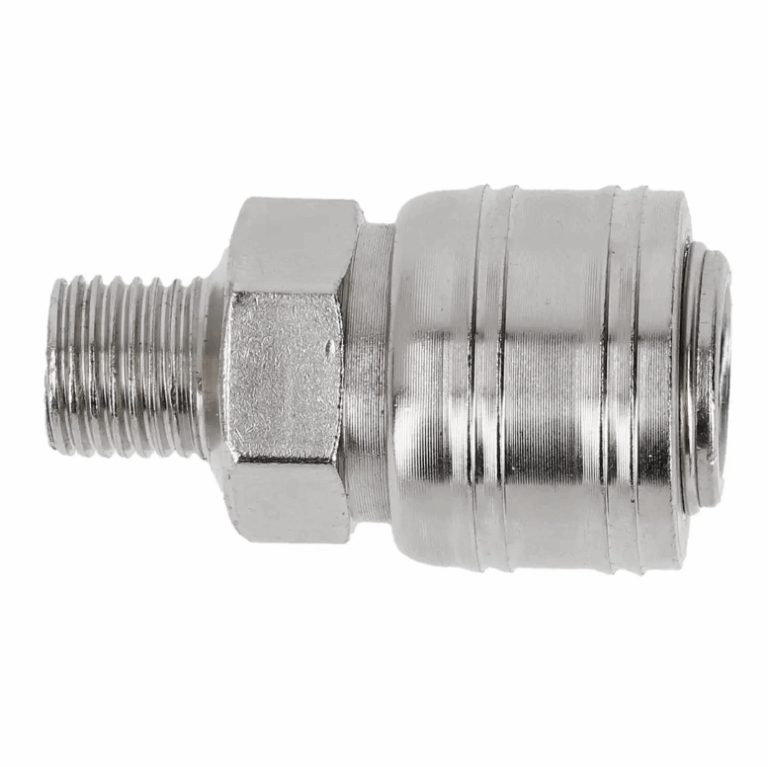 Silver-coloured pneumatic coupler with an exposed male thread, hexagonal section and sliding sleeve