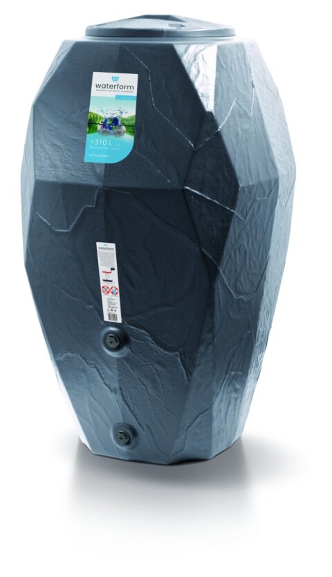 Anthracite Canyon water butt with a faceted rock-effect surface, lid and two outlet openings