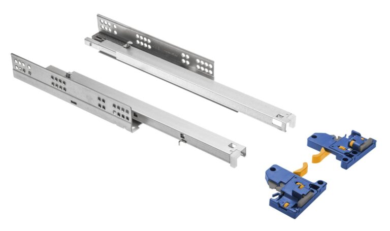 Pair of silver-coloured undermount drawer runners with blue and yellow fixing clutches