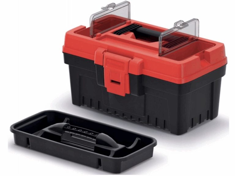 Red and black tool box with two open clear lid organisers and a removable tray in front