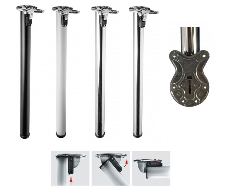 Round folding table legs in four finishes with a close-up of the hinged mounting plate