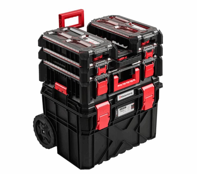 Black and red modular tool storage units stacked on a wheeled base with clear-lid organisers on top