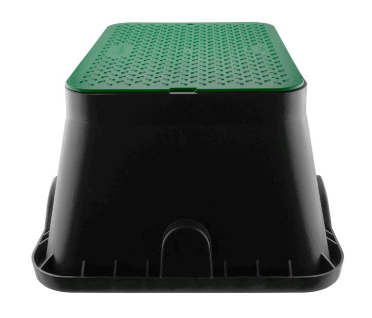 Black underground irrigation valve box with a textured green lid