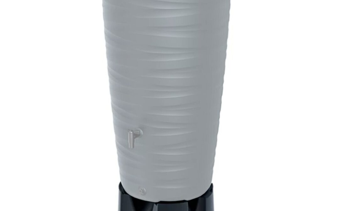 Grey water butt raised on a dark round support stand; tank shown for illustration