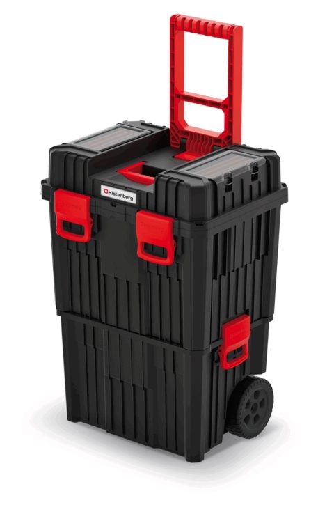 Black two-section wheeled tool chest with red latches and an extended red pull handle