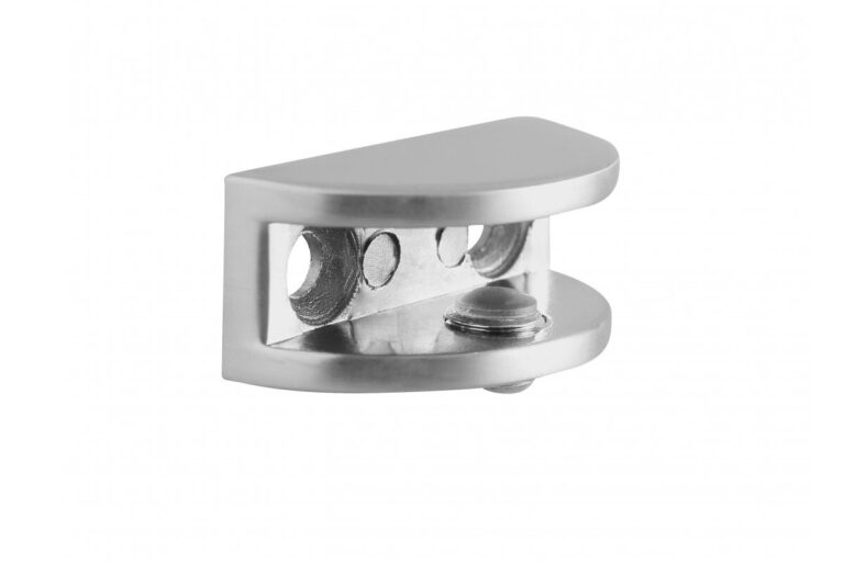 Screw-mounted metal glass shelf clamp with an adjustable lower screw