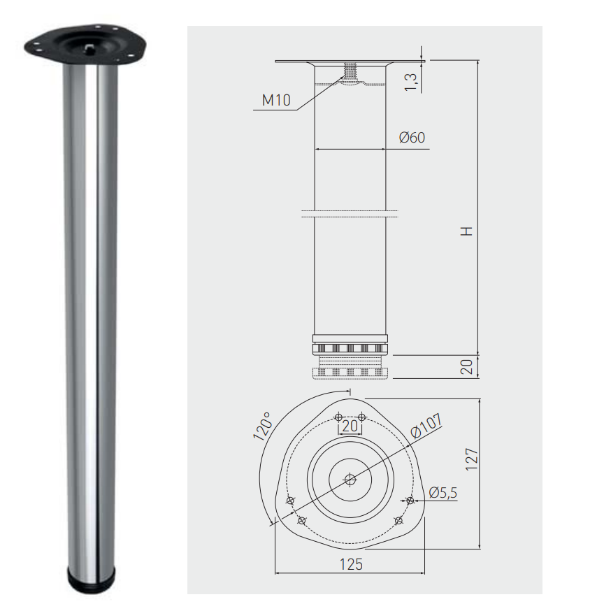 Adjustable Round Table Legs 60mm Matt Chrome Set of 4 - Image 4