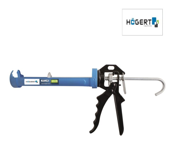 Blue skeleton caulking gun with black handles, a silver push rod and an empty cartridge cradle