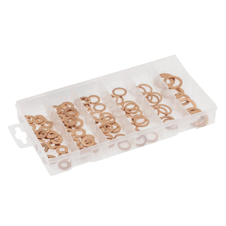 Copper-coloured flat washers in several diameters arranged in a clear compartment organiser