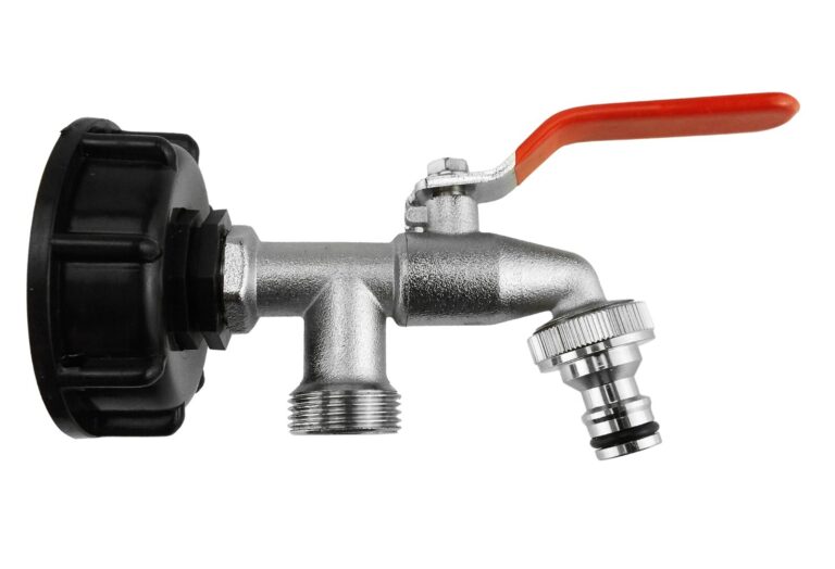 Black IBC adapter cap with a silver-finish double-outlet tap, red lever and quick hose connector