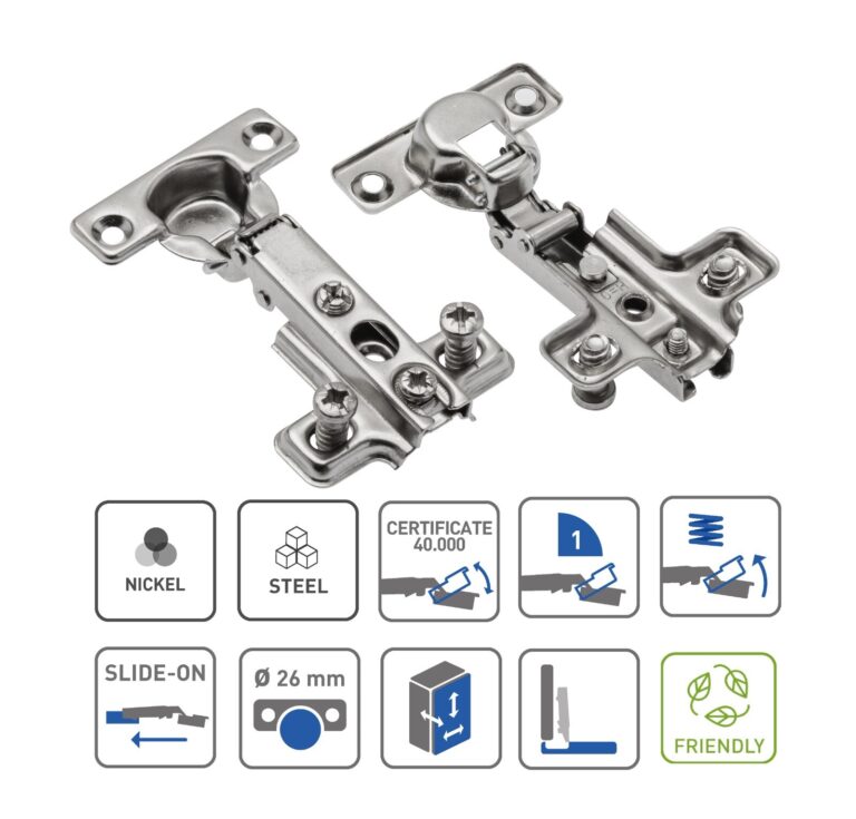 Nickel-finish 26mm full-overlay cabinet hinge