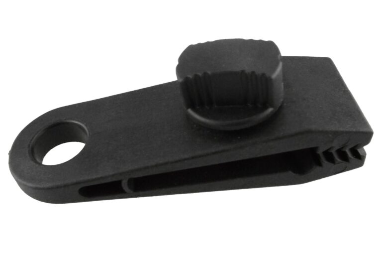 Black tarpaulin clip with screw-adjusted crocodile jaws and a round tie-down hole