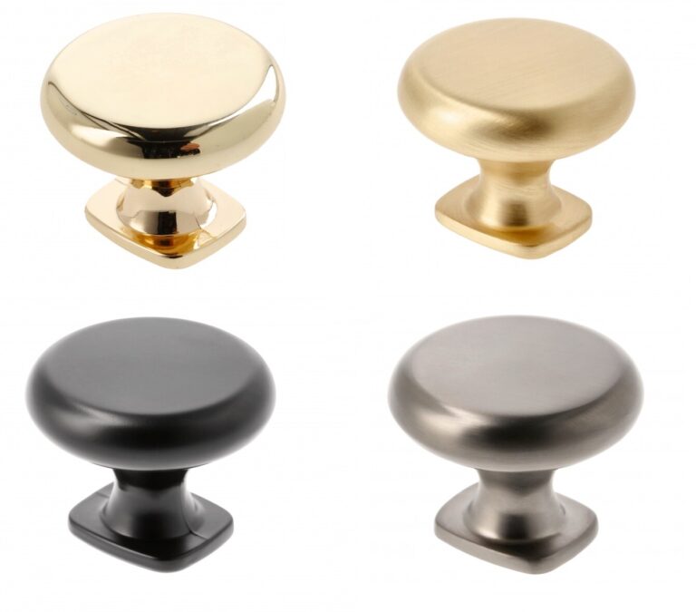 GTV Lorena cabinet knobs in four finishes with rounded tops and square bases