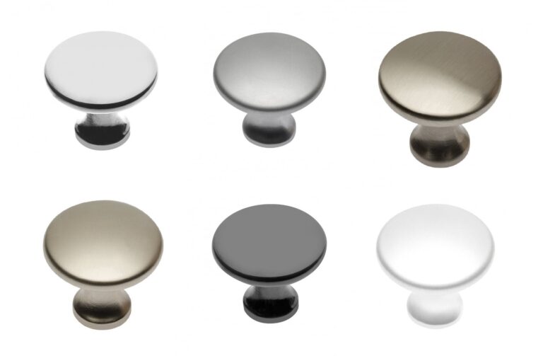 GTV Udine round cabinet knobs shown in metallic, dark and white finishes