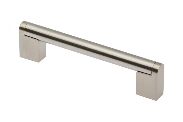 Brushed-steel cabinet bar pull handle with two rectangular mounting feet