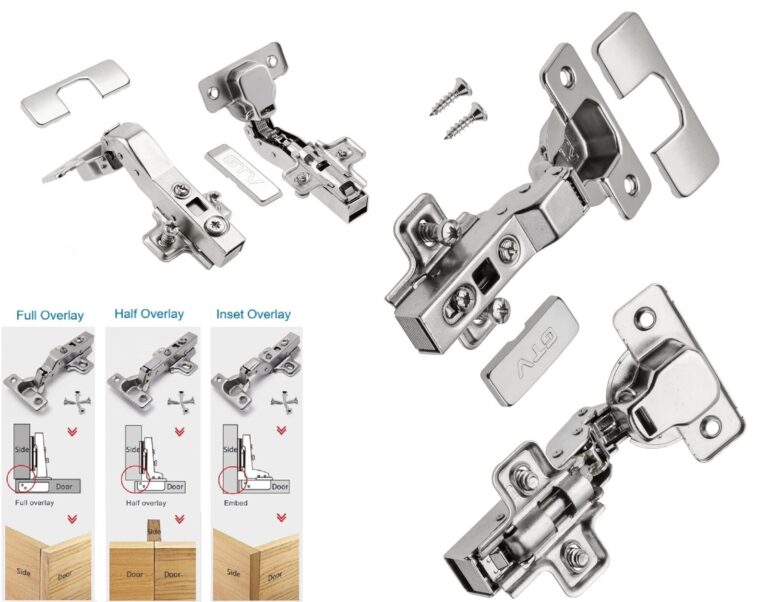 Concealed cabinet hinges with cover plates and diagrams comparing full overlay, half overlay and inset fitting