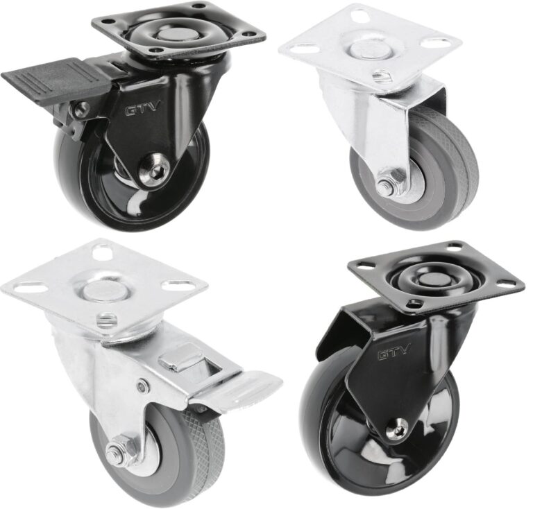 Black and grey swivel castor wheels with mounting plates, including braked designs