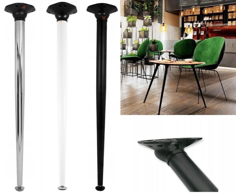 Round folding table legs in chrome, white and black with a close-up of the mounting base