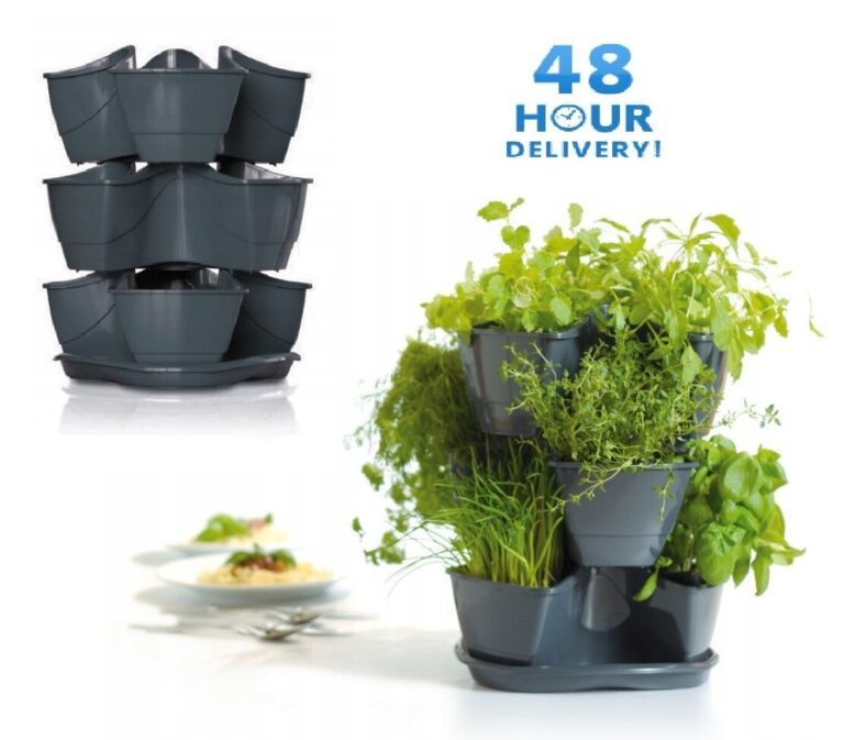Anthracite three-tier planter shown empty and planted with herbs