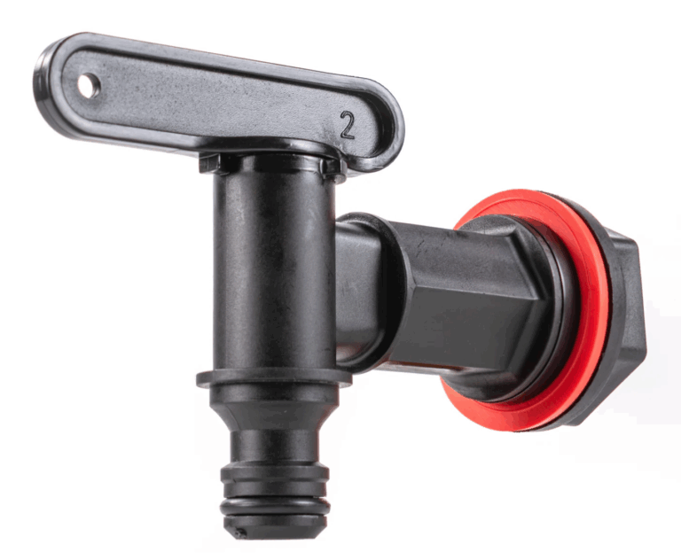 Black water butt tap with red seal and locking nut